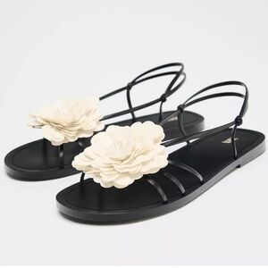 NWT Zara Woman Black Sandals with Cream Floral Sequins Detail Size 8